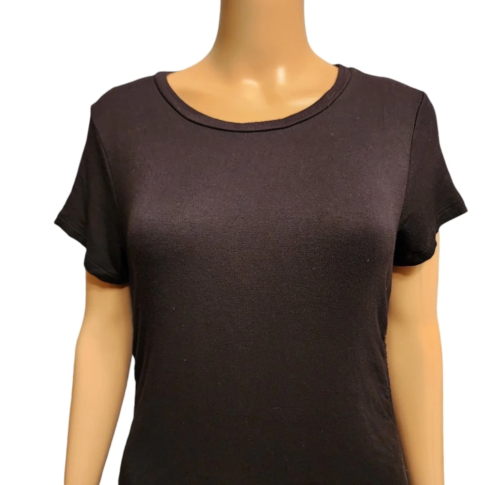 Black Short Sleeve Stretchy Mini Dress with Rouched Sides - Picture 2 of 9